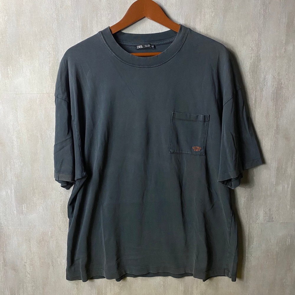 Vintage Style Zara Mens T-Shirt Faded Gray Pocket Tee Better Shift Large L